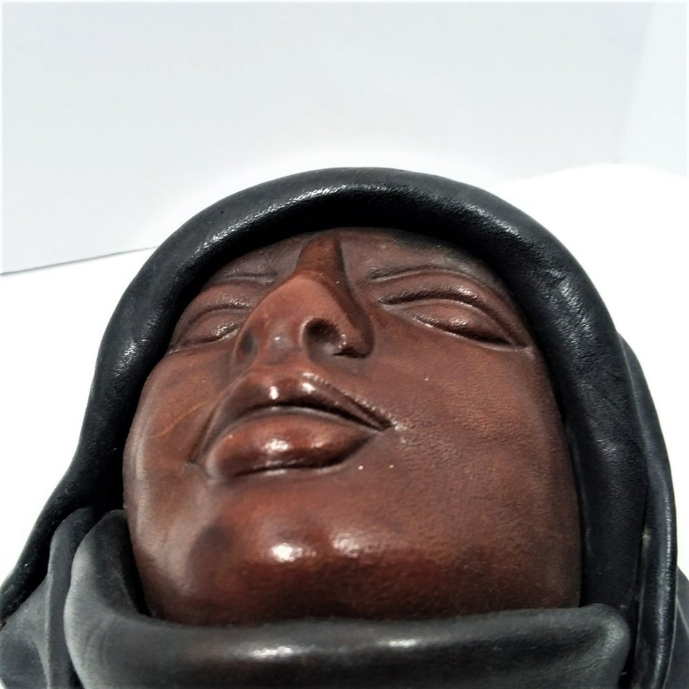 Leather Face Mask VTG Handmade Signed Wall Hanging Folk Art 3D Molded Sculpture - Picture 2 of 6